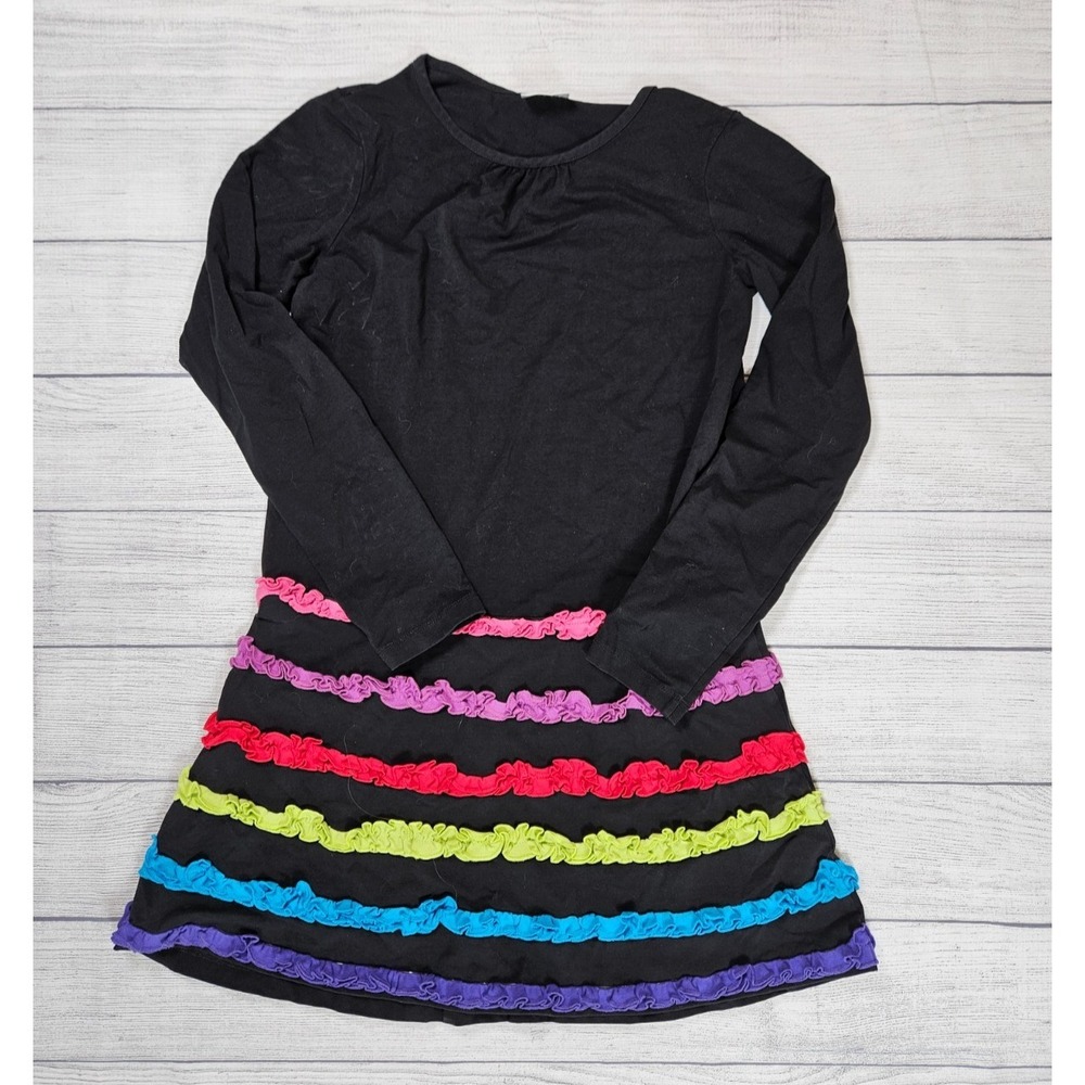 Hanna Andersson Girls Dress Size 160 14 Black Rainbow Ruffle Long Sleeve Cotton